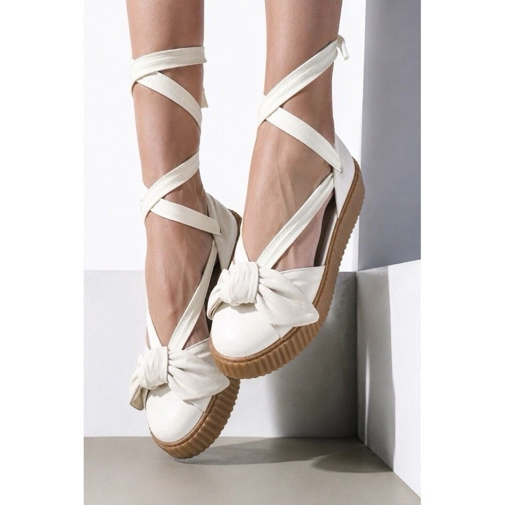 Puma Fenty Rihanna Bow Creeper Sandals 8.5 Beige Leather Marshmallow Boho Party